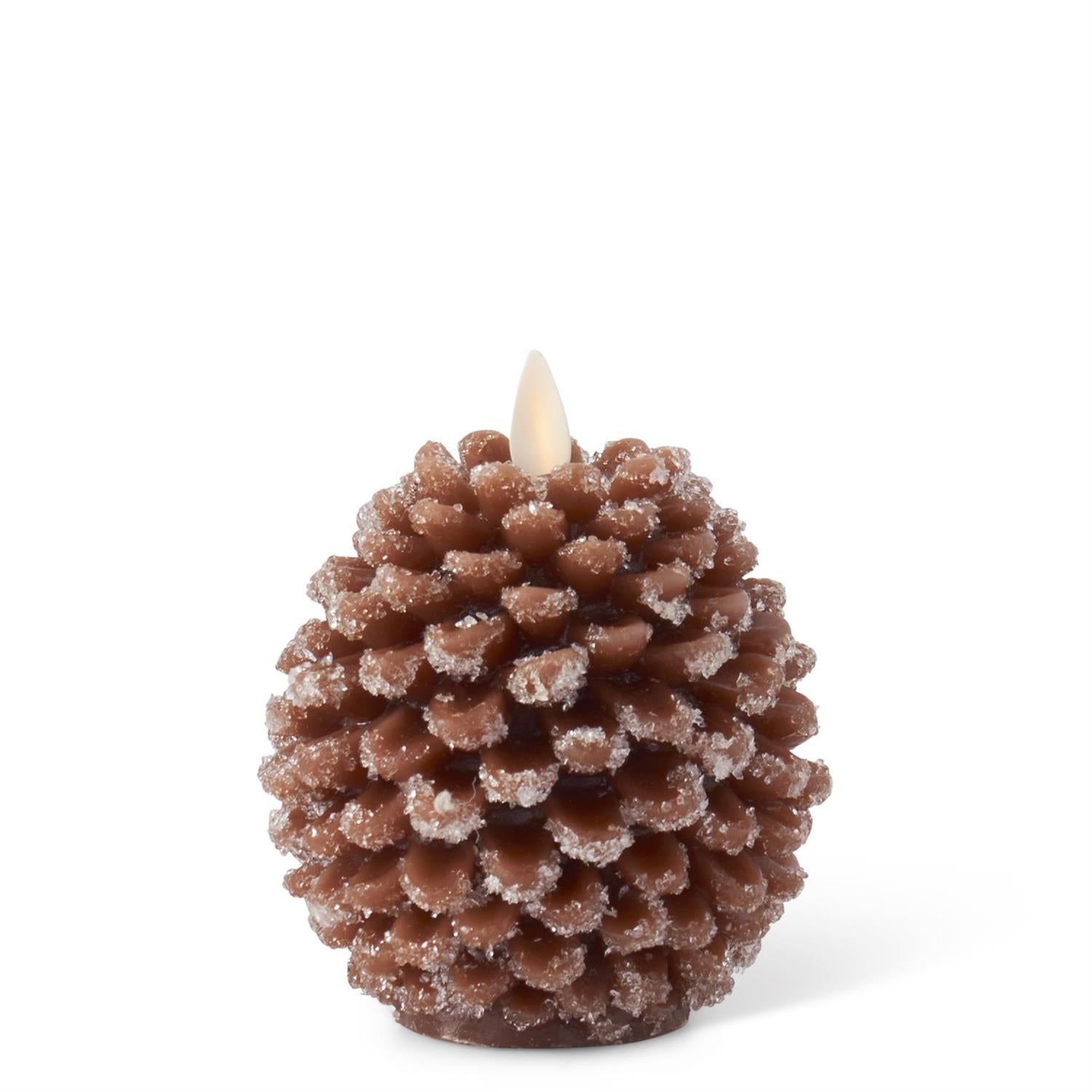 4.5-inch Pinecone Luminara indoor candle with white wax body, electronic on/off switch, and remote-ready timer design.