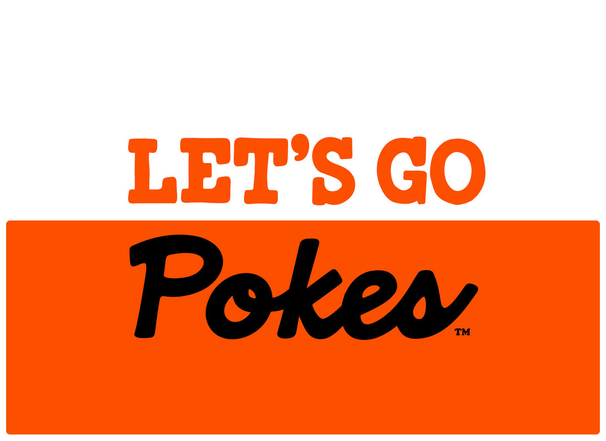 Oklahoma State graphic with orange 'LET'S GO' text above black 'Pokes' script on an orange block.