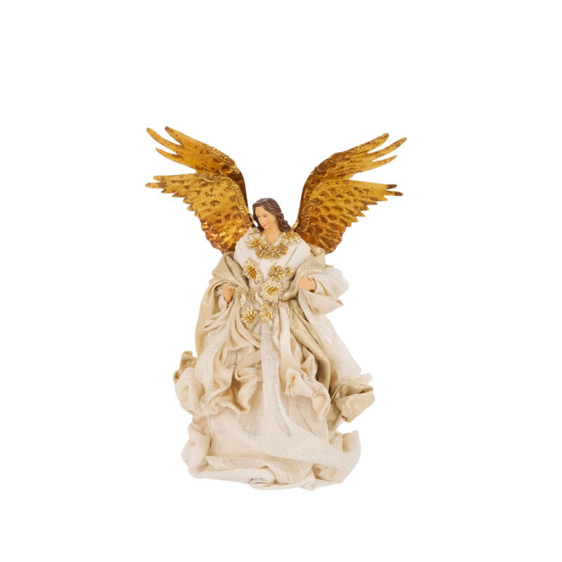 10-inch angel tree topper with gold wings and ivory fabric gown with gold floral accents.