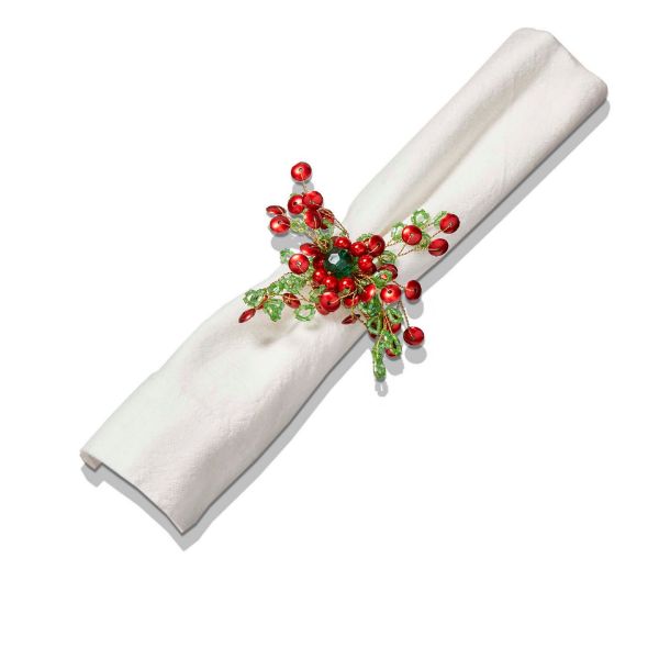 Metal napkin ring with glass and acrylic beads in a circular shape.