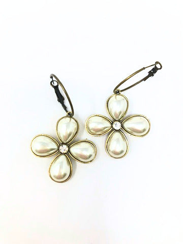 Pearl Cross Fashion Hoop Earrings with antique gold finish and crystal center.
