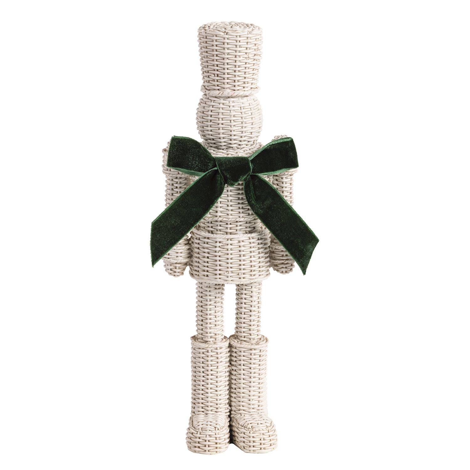 White resin wicker nutcracker figurine with a dark green velvet bow.