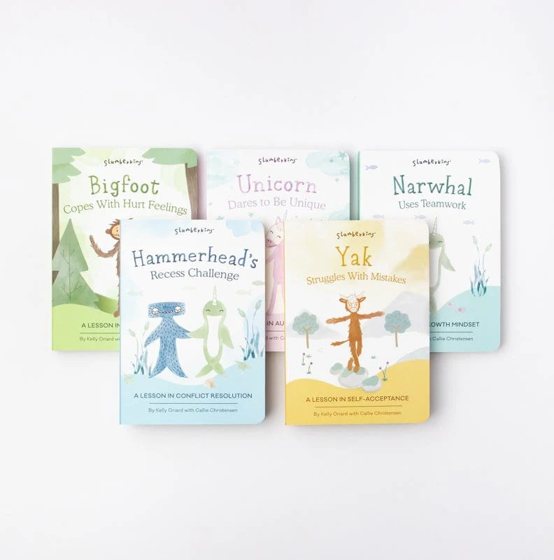 Slumberkins 5-book set featuring Bigfoot, Unicorn, Narwhal, Hammerhead, and Yak stories.