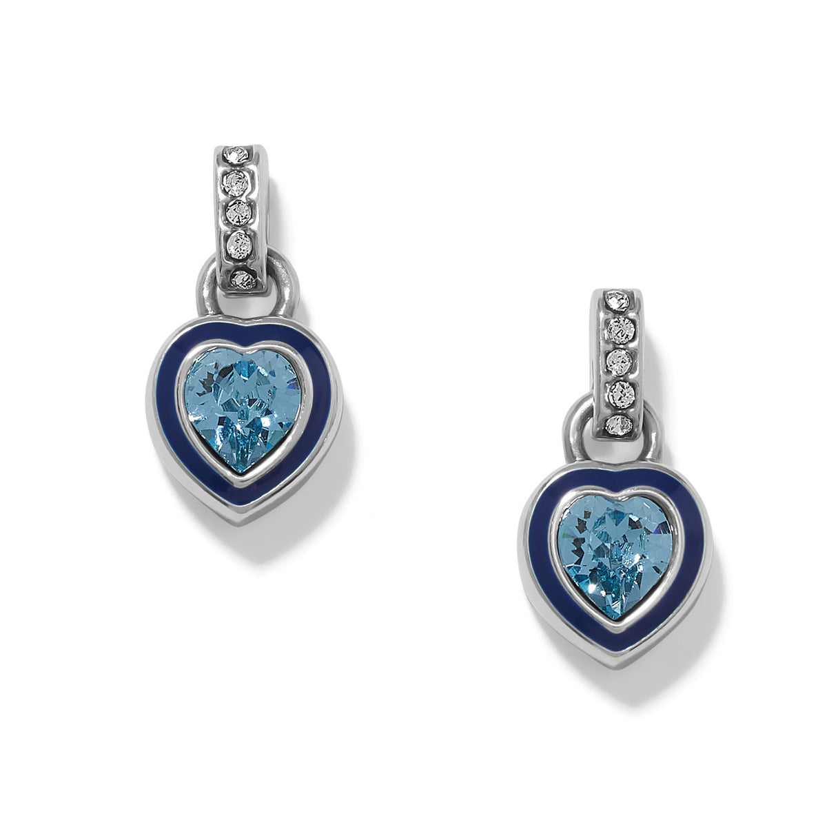 Halo Gemma Petite Heart Post Drop Earrings in silver-plated metal with aqua crystals and blue enamel
