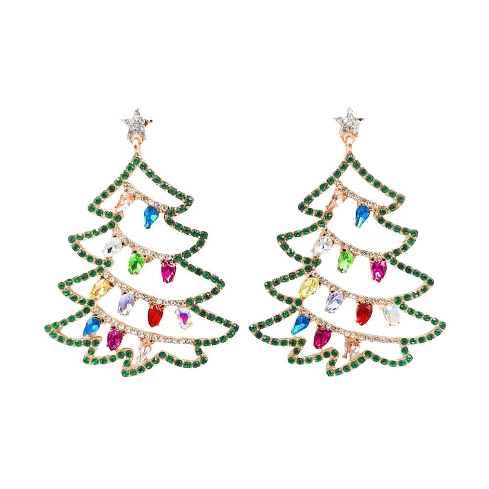 Silver post earring with a rhinestone Christmas tree pendant