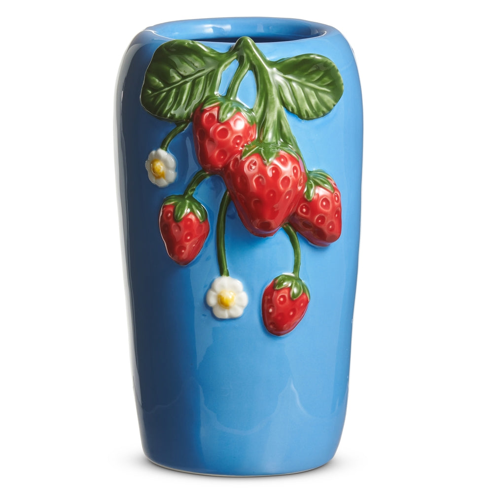 Ceramic vase with strawberry motif in red tones