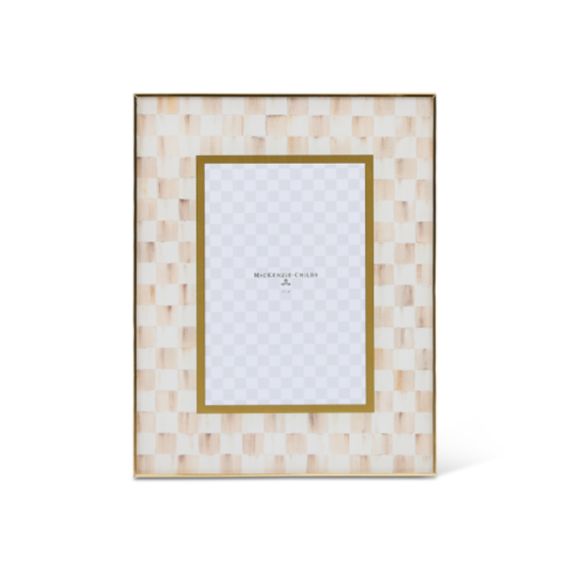 Check 4” x 6” glass frame with a beige and white checkered pattern and brass edges.