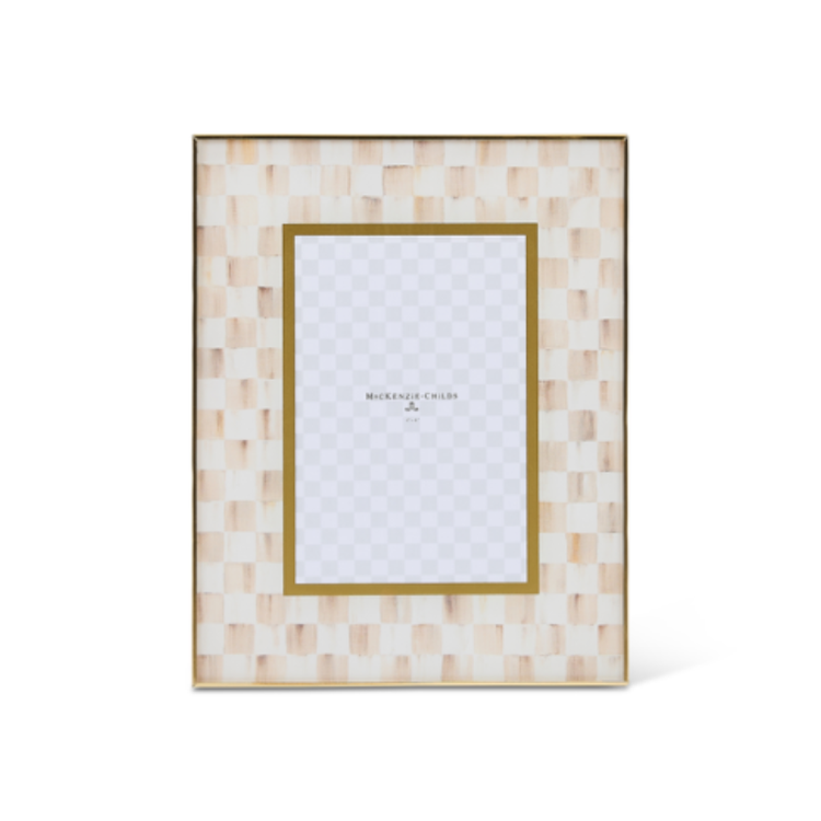Check 4” x 6” glass frame with a beige and white checkered pattern and brass edges.