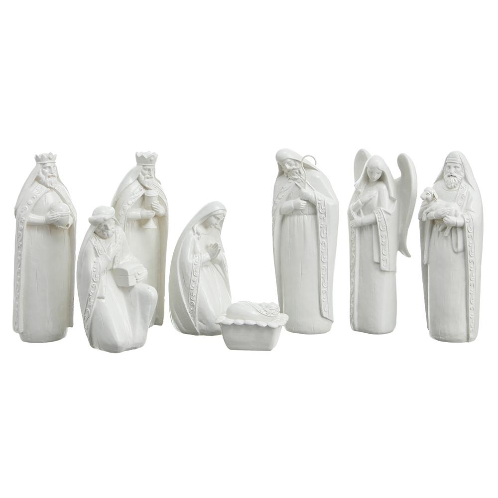 8-piece white resin and stone nativity set featuring Mary, Joseph, baby Jesus, and wise men.
