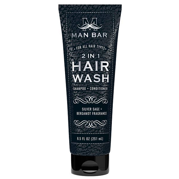 Man Bar 2 in 1 Hair Wash bottle with white label on a neutral background.