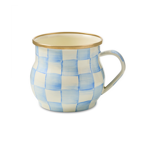 Mackenzie Childs Sky Check mug with blue sky pattern on white ceramic