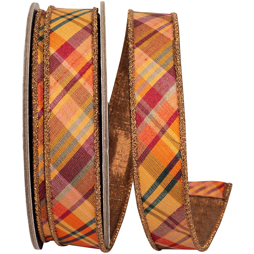 Tierra tonal diagonal plaid wired edge ribbon with metallic backing on a spool.
