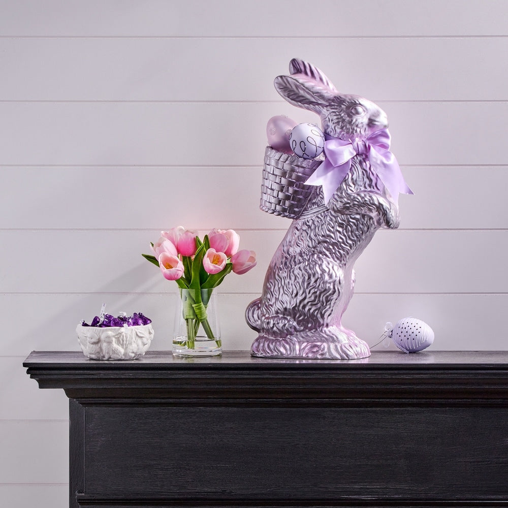 Standing resin bunny with lavender foil overlay in a chocolate-inspired finish.