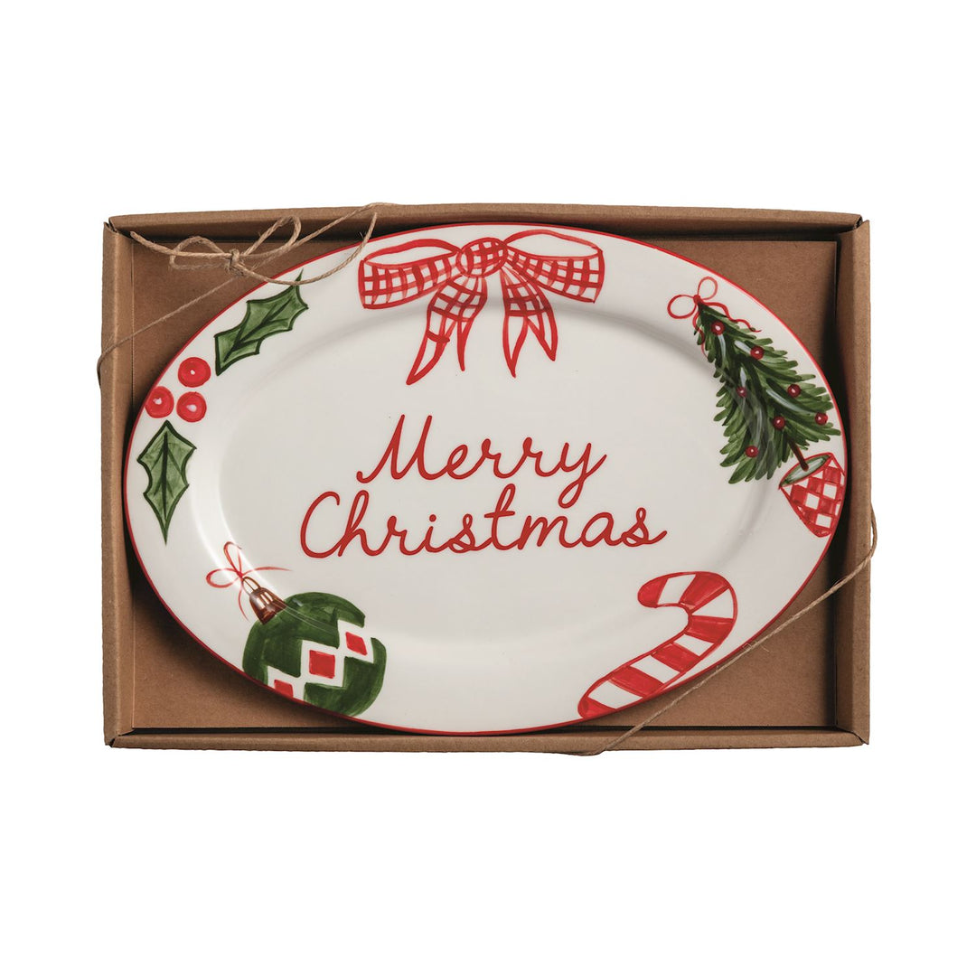 Oval ceramic Sentiment Plate with "Merry Christmas" text and hand-painted holiday motifs.