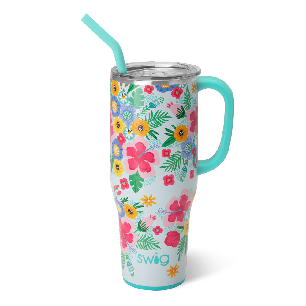 40oz Mega Mug in black with a comfort-grip handle, flexi-tip straw, and silicone base.