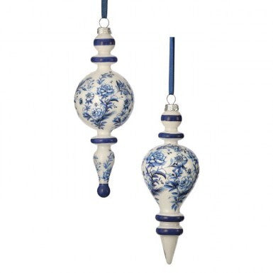 Two 8-inch glass finial ornaments with blue floral prints on a white background.