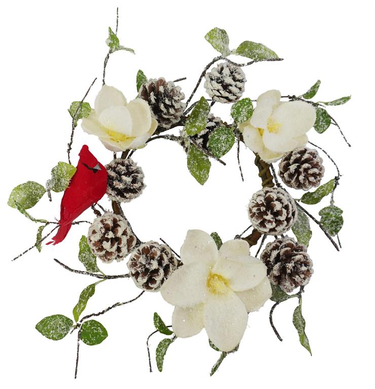 16-inch table wreath with white magnolias, snowy pinecones, green leaves, and a red cardinal bird.