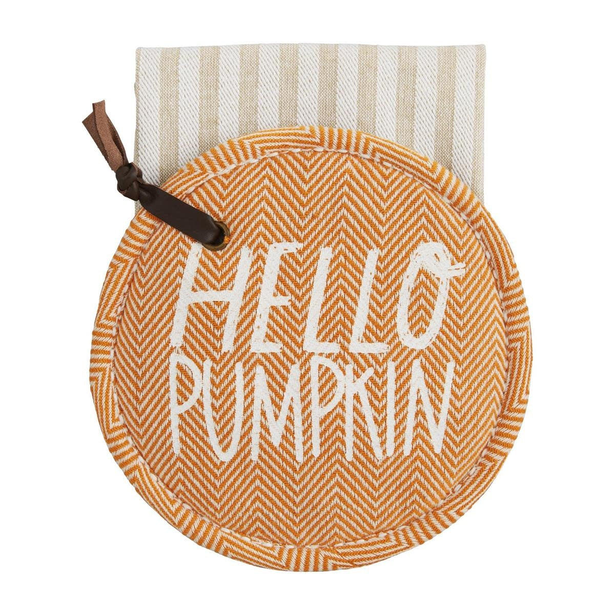 Cotton pot holder paired with a waffle weave towel in neutral tones.