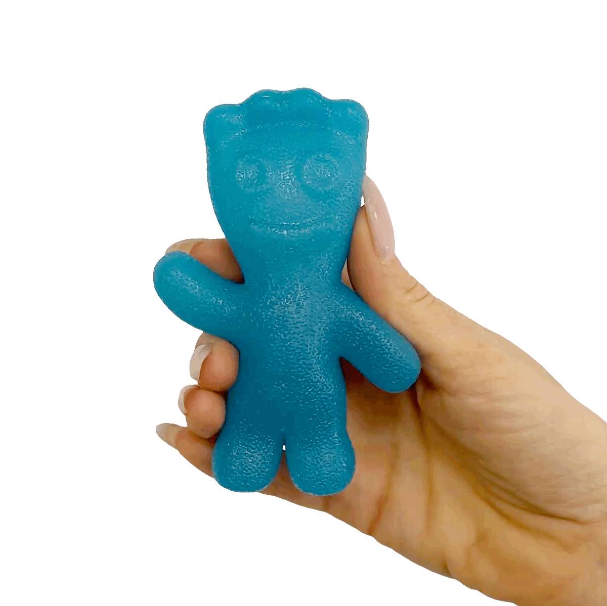Translucent Sour Patch Kids squishy toy shaped like a jelly candy with pastel purple and green colors.