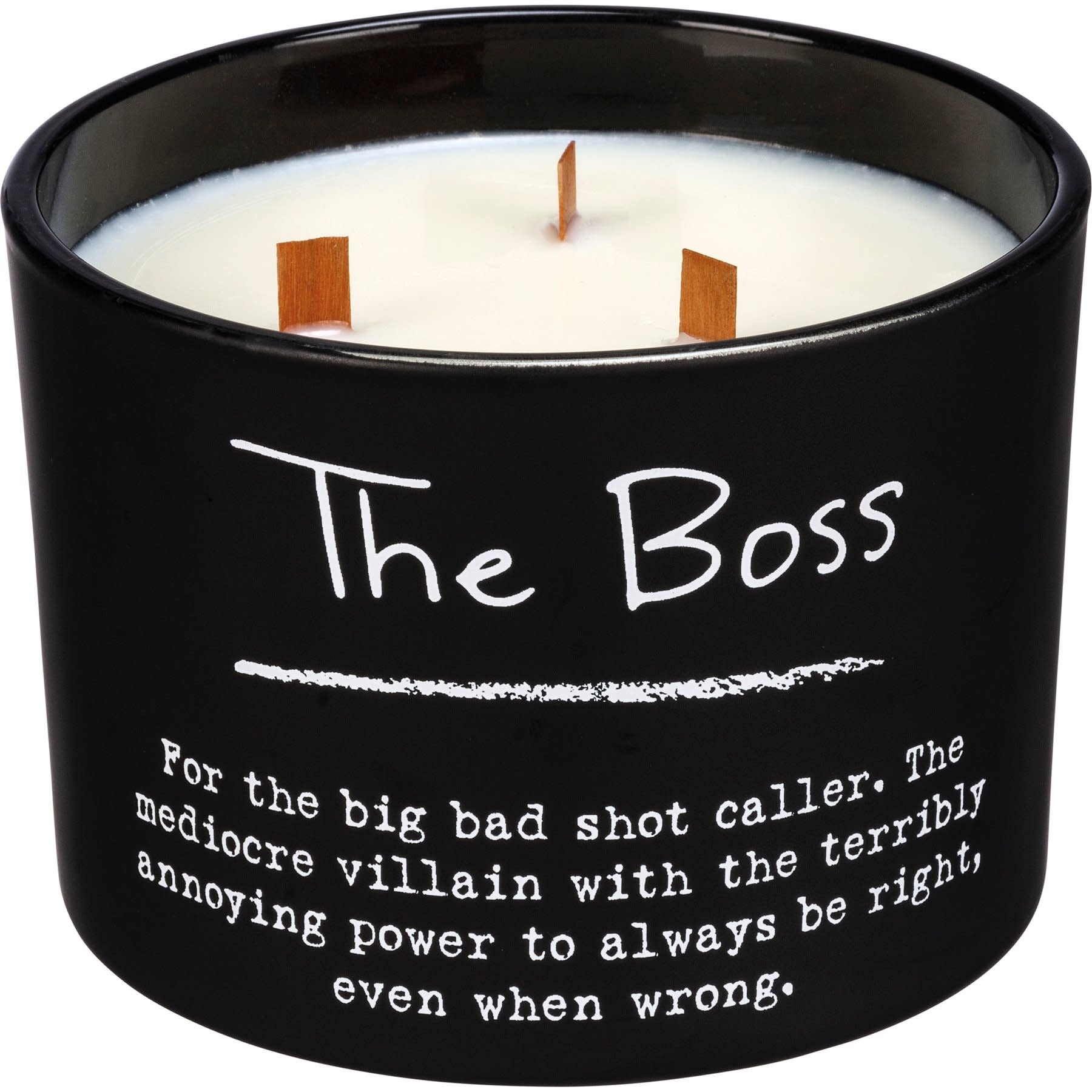 Matte black glass vessel containing a soy wax candle with three wooden wicks.