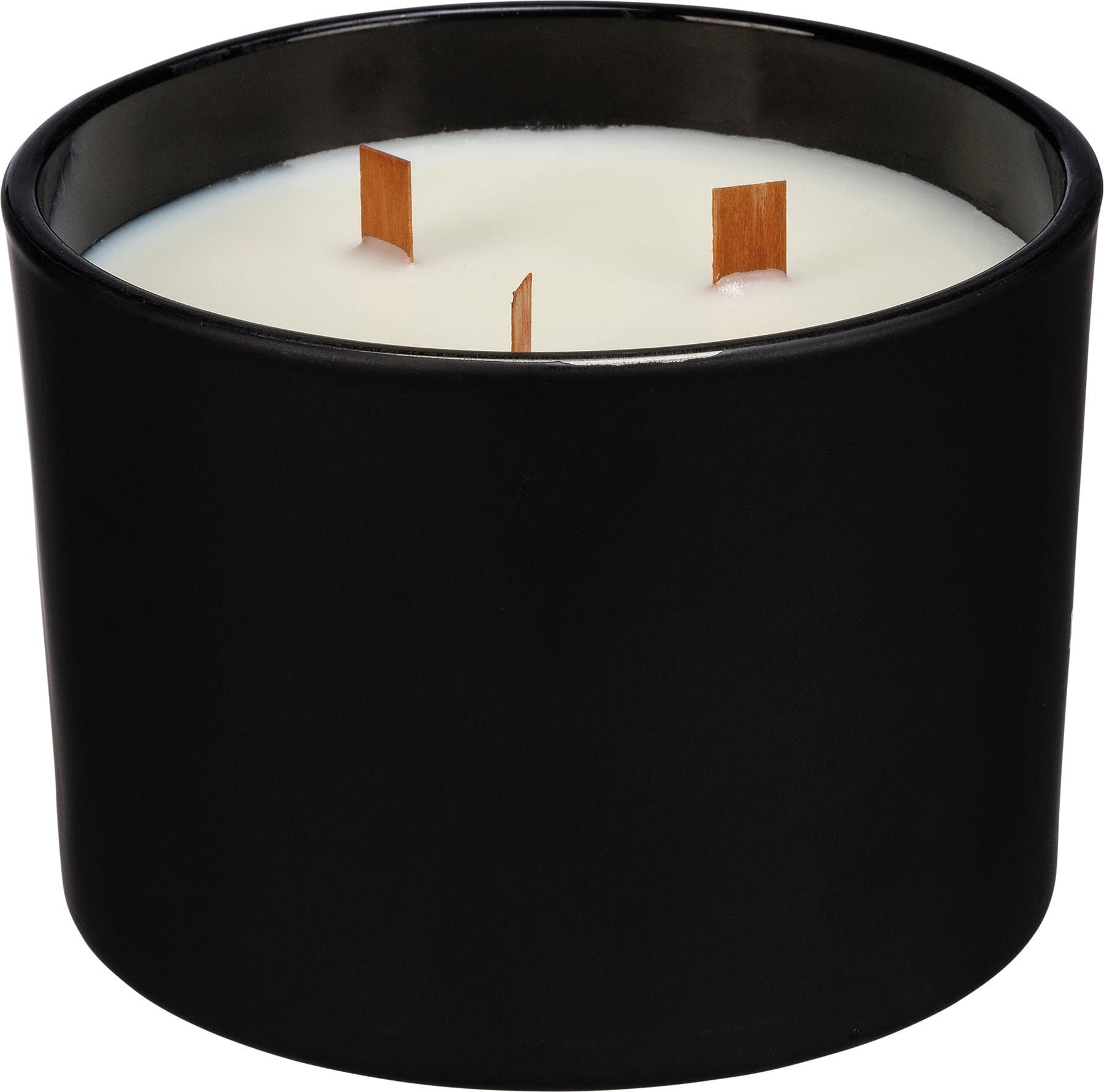 Matte black glass soy wax candle with three wooden wicks featuring lemongrass scent and witty boss sentiment label.