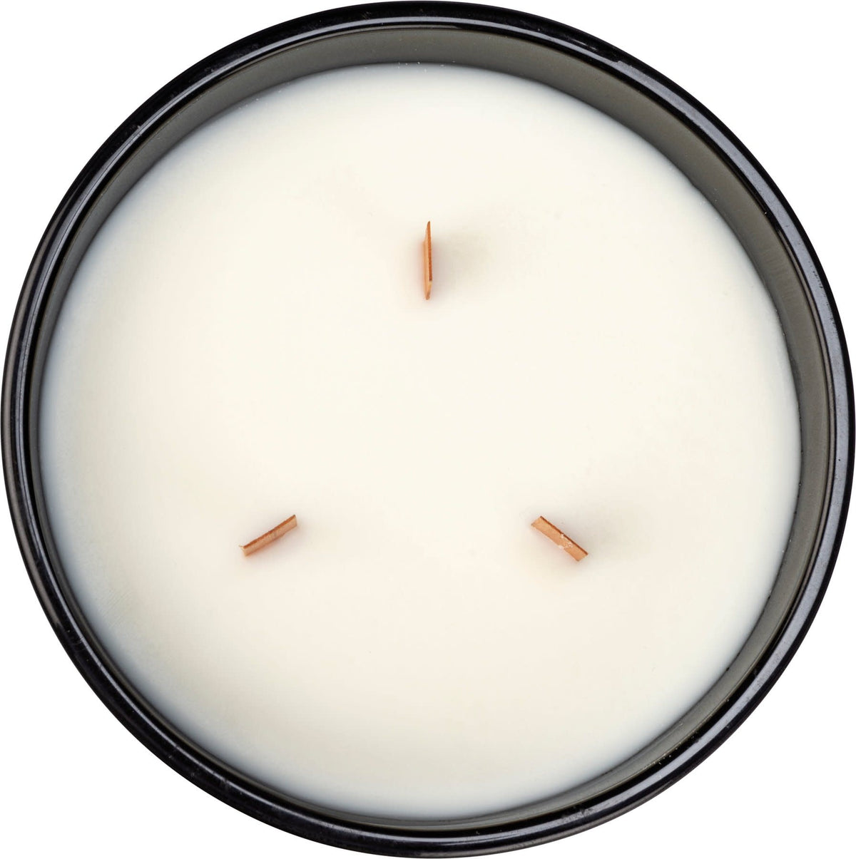 Matte black glass vessel containing a soy wax candle with three wooden wicks.