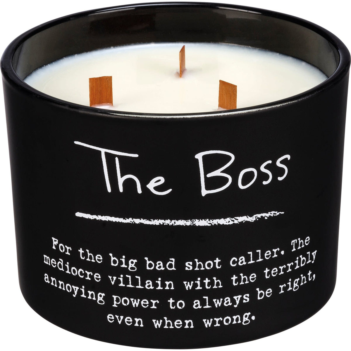 Matte black glass vessel containing a soy wax candle with three wooden wicks.