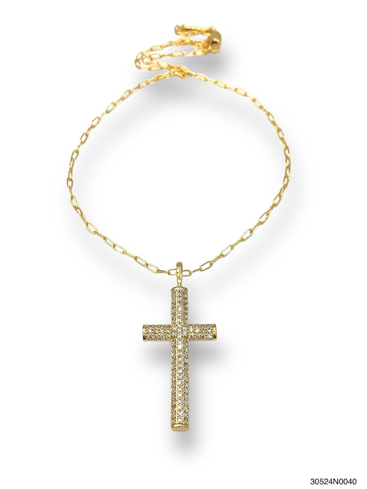 Gold short necklace featuring a large cross pendant with sparkling cubic zirconia stones.