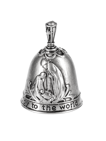 Silver-tone bell charm engraved with Nativity scene and three kings.