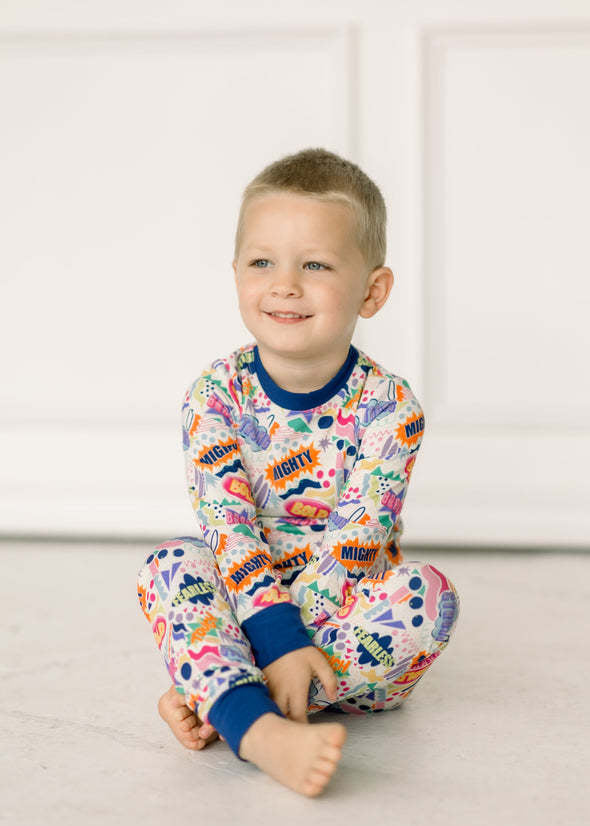 Front view of The Mighty Mack Boy Zippy zip-up hoodie in playful print with bamboo viscose fabric.