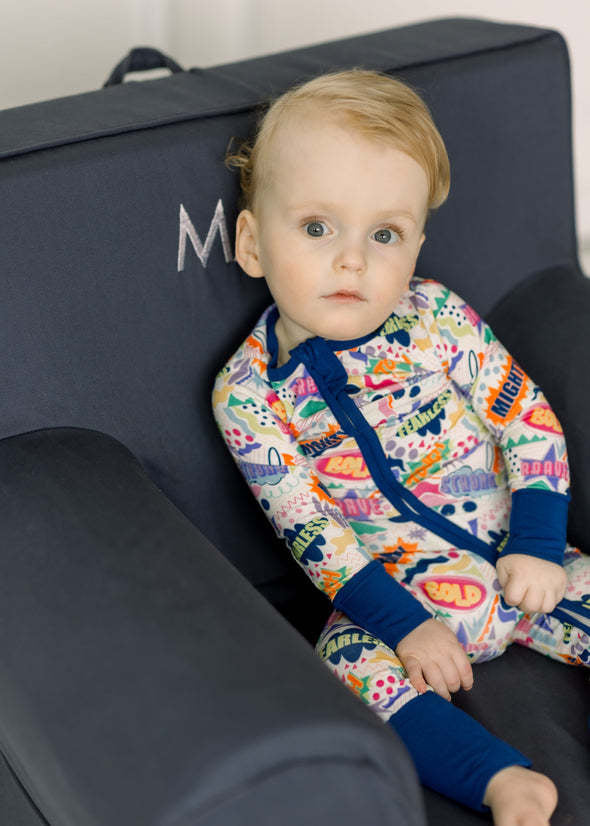 Boy's bamboo viscose zip-up hoodie in playful print with easy front closure