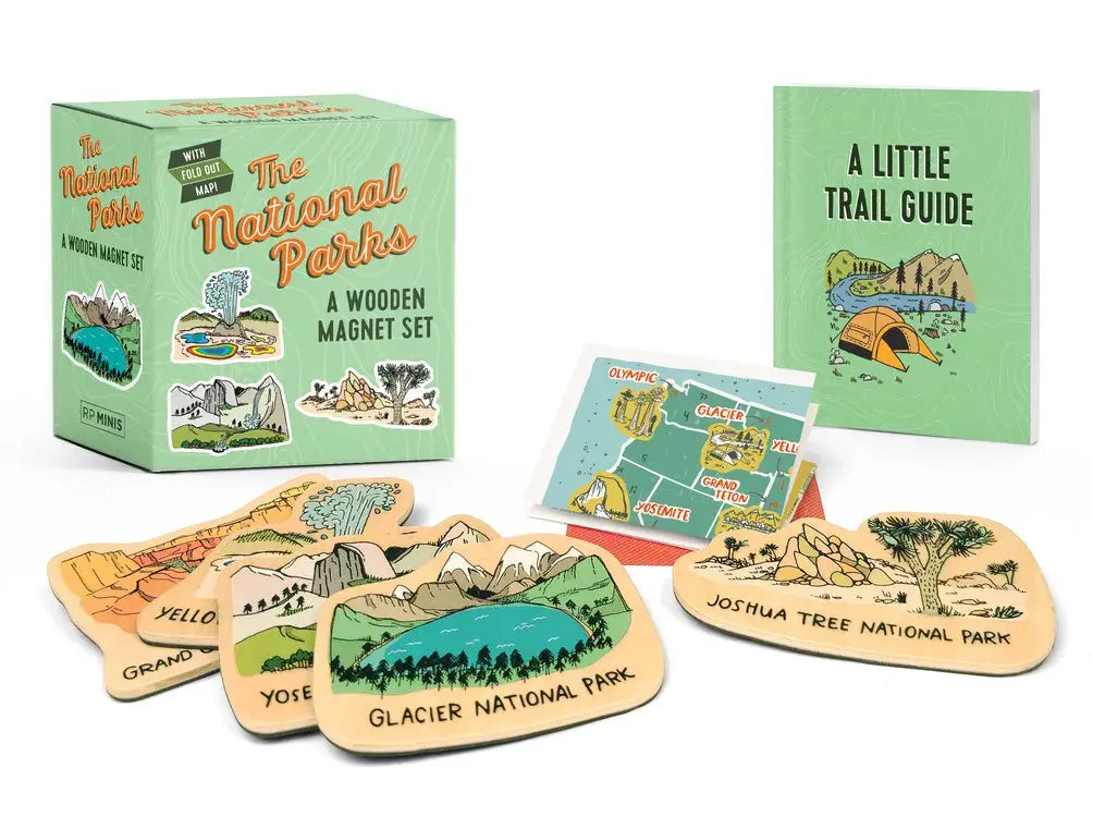 Wooden magnet set featuring illustrations of Yosemite, Yellowstone, Joshua Tree, Glacier, and Grand Canyon National Parks.