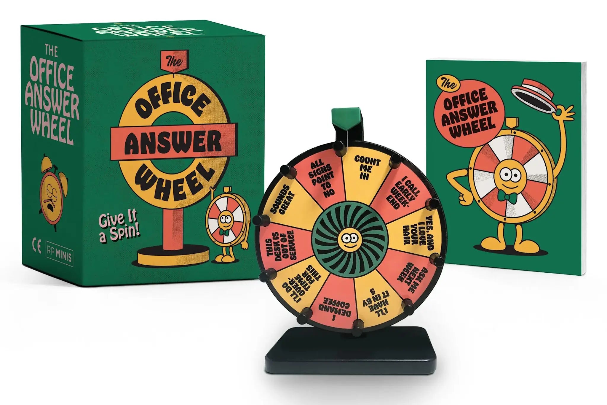 Desktop spinning answer wheel with sarcastic office responses on a white background.