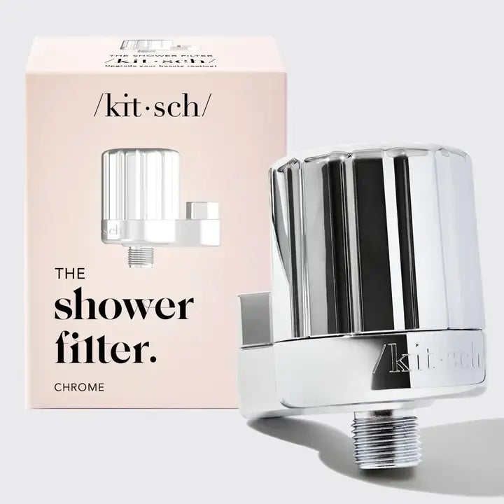 Chrome shower filter with twist-on design attaching to a standard US half-inch pipe thread.