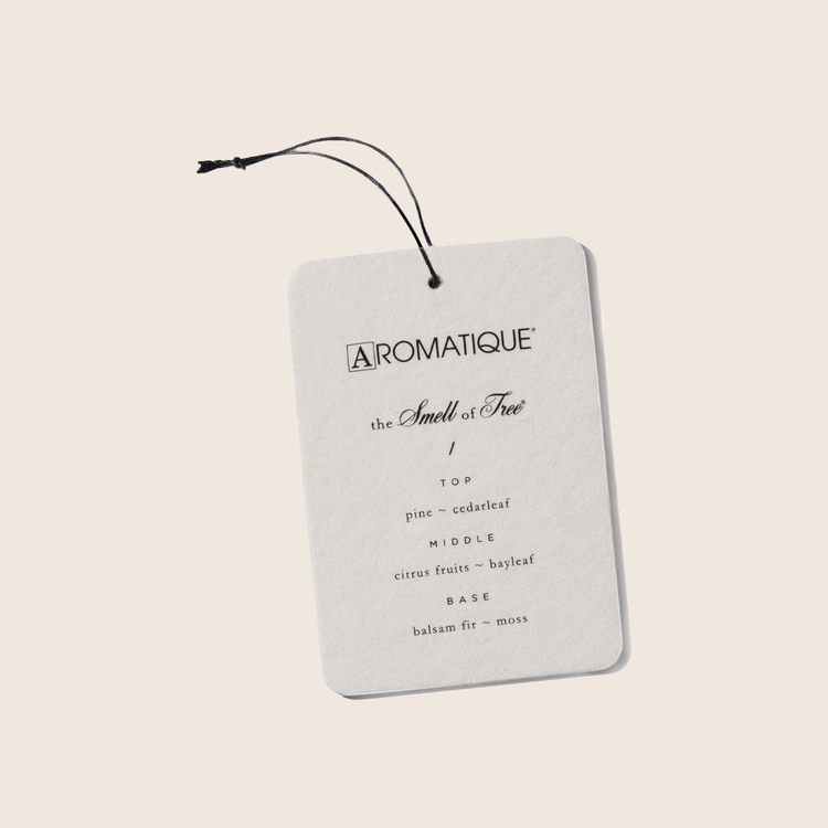 The Smell of Tree aroma card featuring pine, cedarleaf, fir balsam, bayleaf, clove, and moss scents.