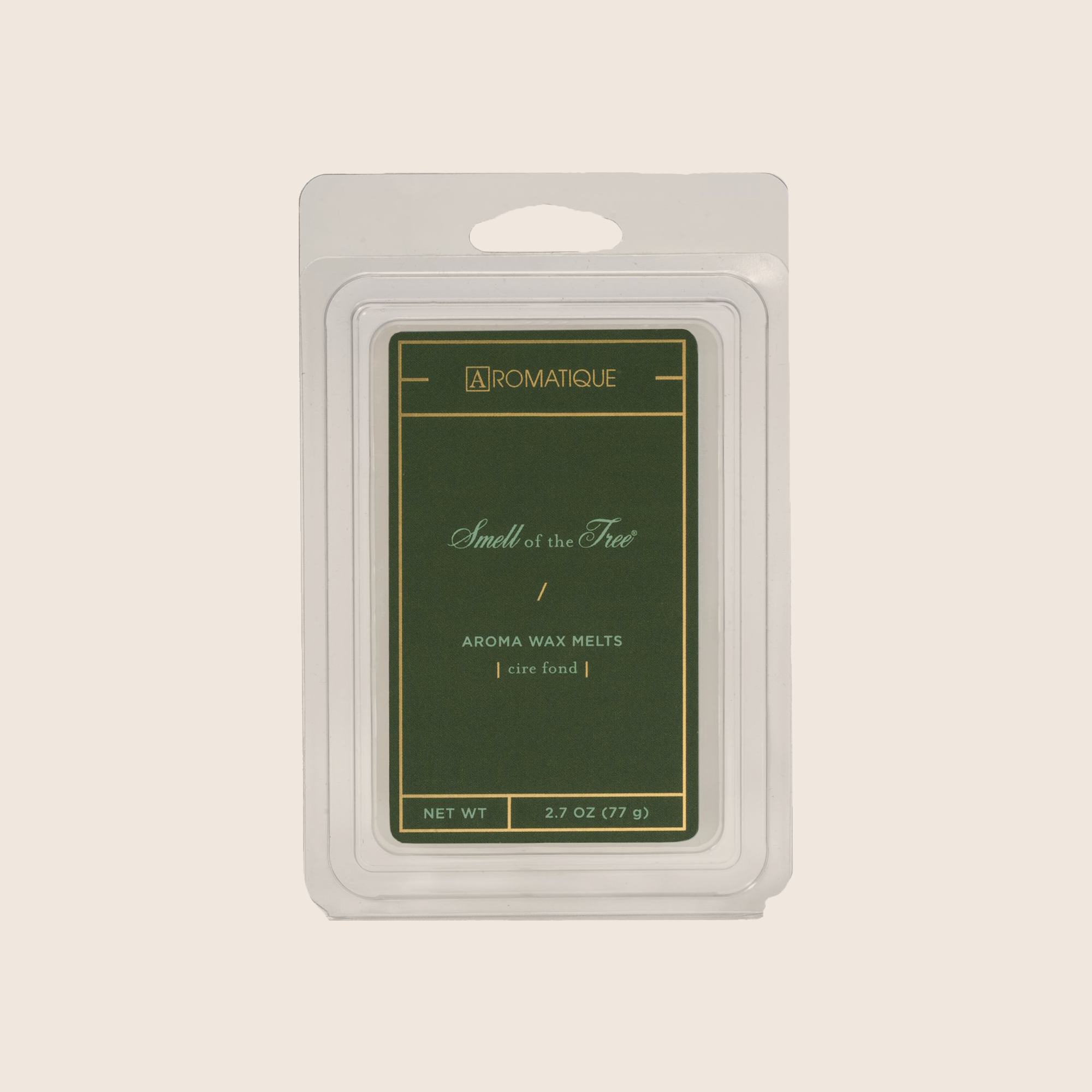 White paraffin wax aroma melts tray containing eight pine-scented cubes with cedar and fir notes.
