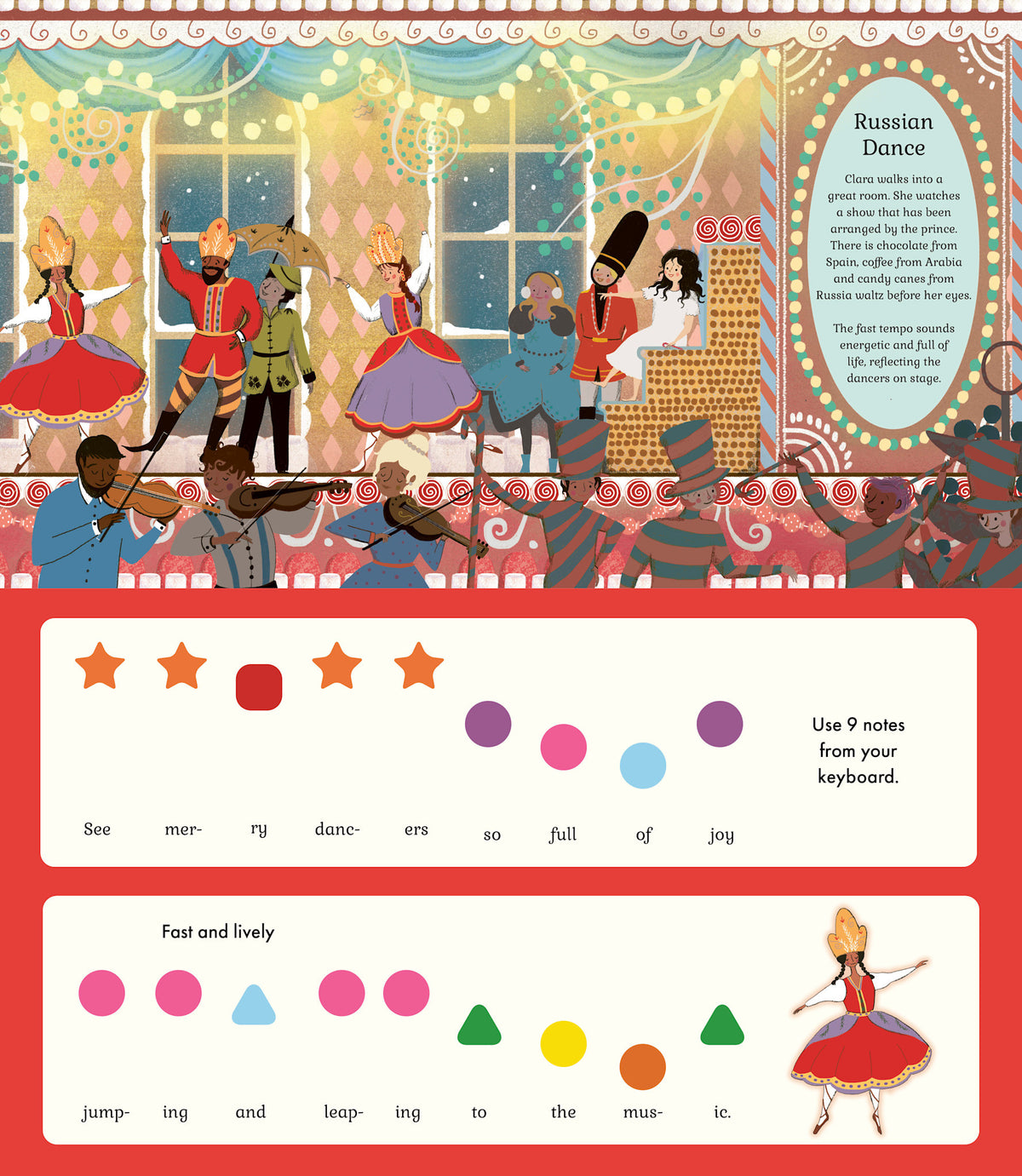 The Story Orchestra piano sound book featuring The Nutcracker story illustrations with colorful keys.