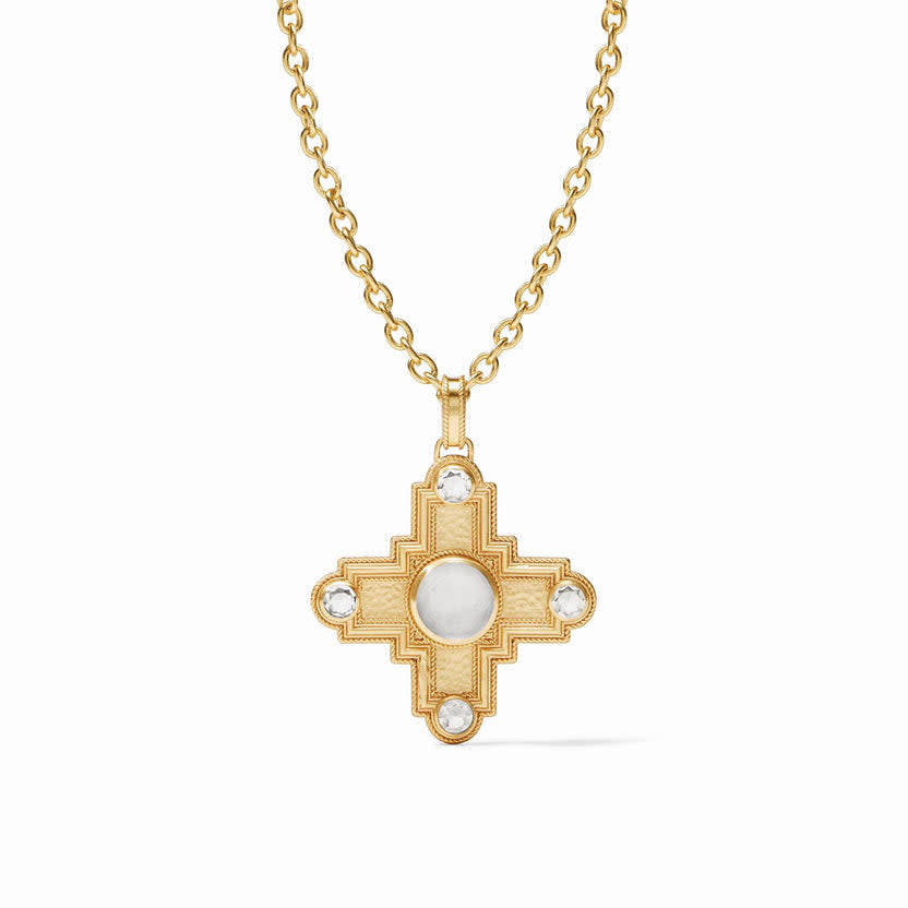 Theodora pendant: iridescent clear crystal round gem on golden quadrate cross with twisted wire accents and rolo chain