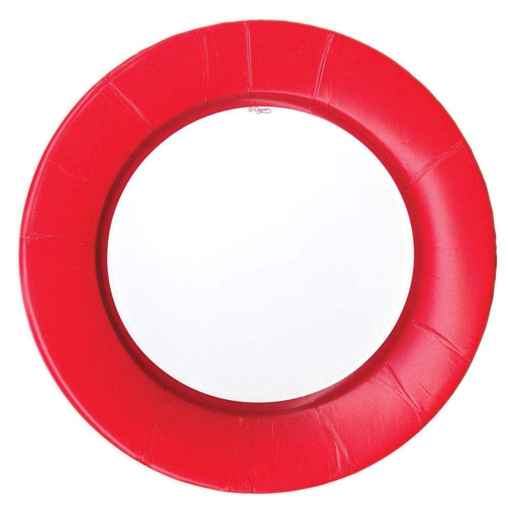 Red linen border paper dinner plates with a decorative rim pattern
