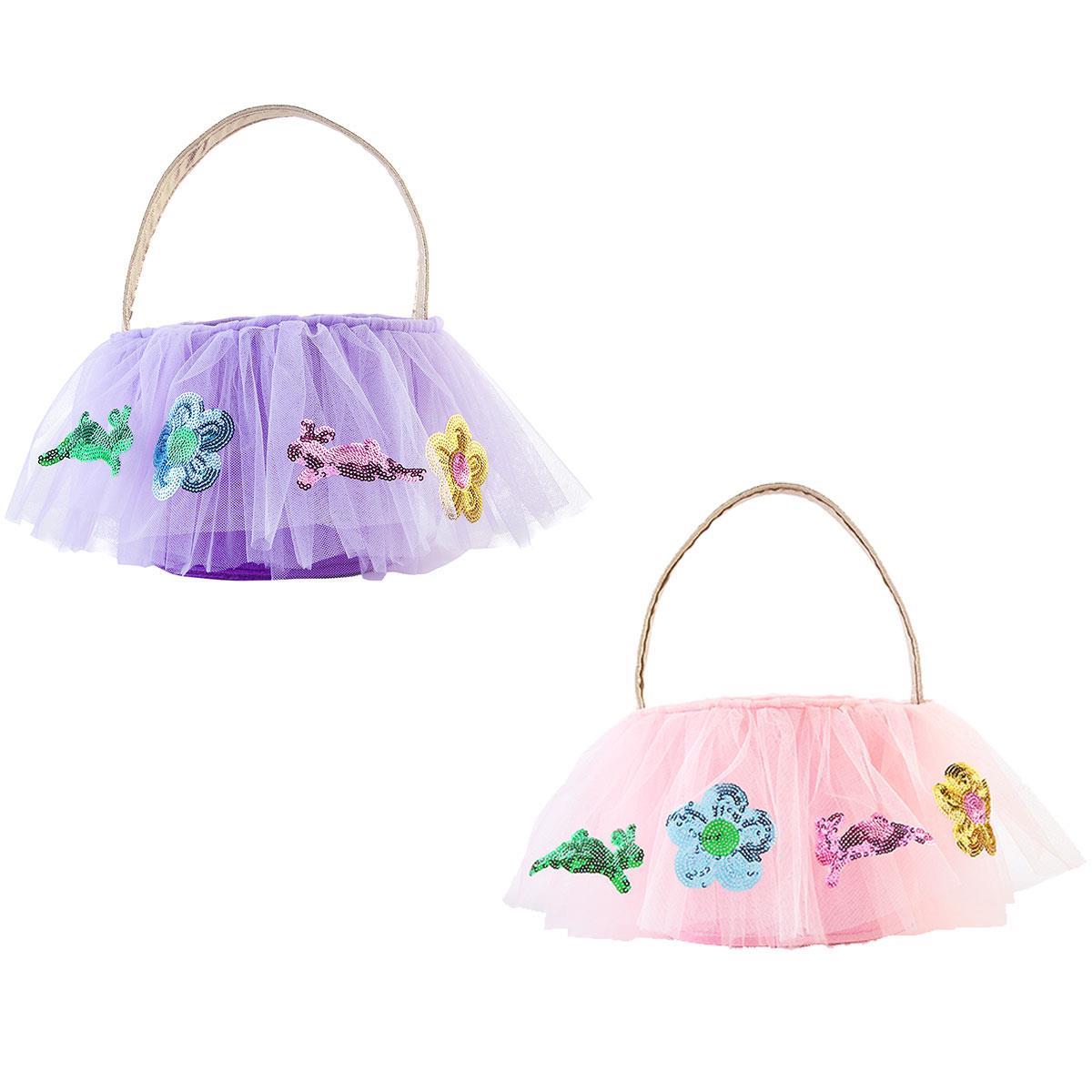 Easter Tutu Baskets in pastel pink with white polka dots featuring a fluffy tutu skirt and handle.