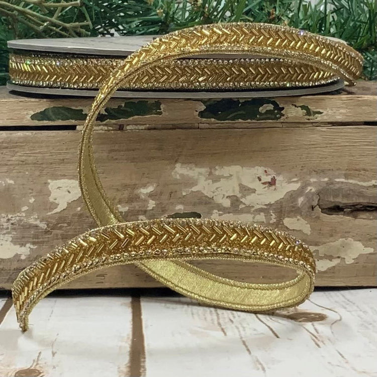 Thin gold wired beaded ribbon with chevron bead pattern