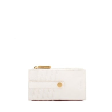 White thin leather wallet with snap closure, zipper pocket, and credit card slots.