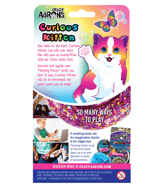 Curious Kitten thinking putty in a tin featuring white silicone with black paw prints and butterfly details.