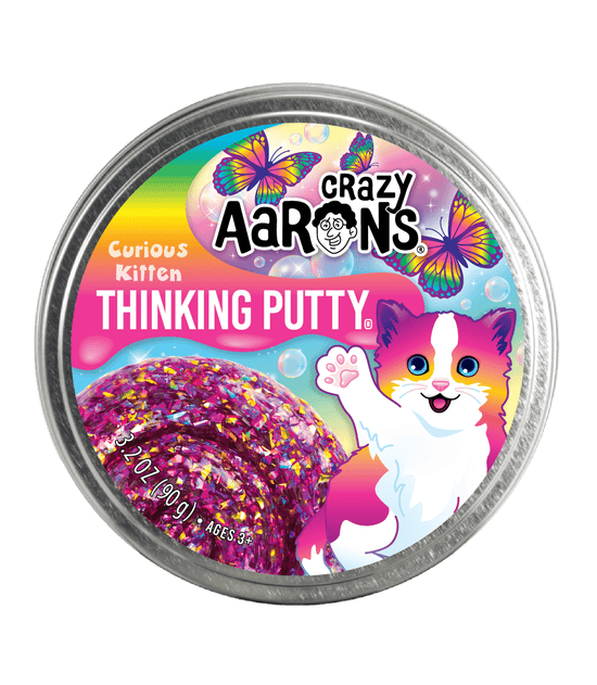 Tin container holding Curious Kitten thinking putty with white kitten paw pattern.