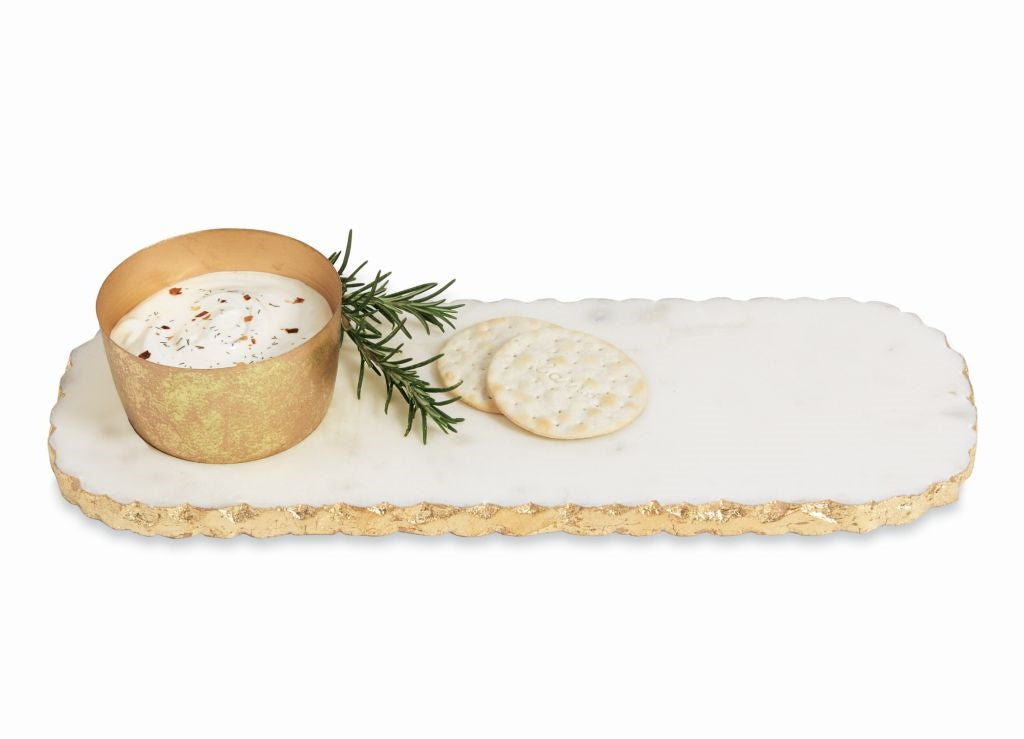 Chipped marble dip bowl with matching rectangular tray in white stone finish