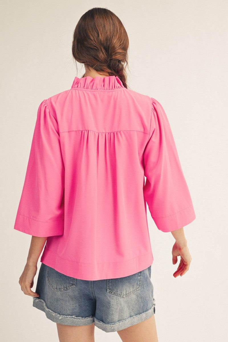 Jane Ruffled Neck Crinkle Solid Top