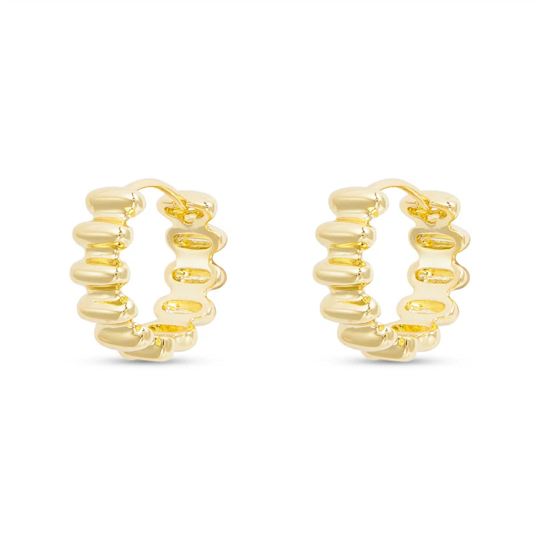 Pair of small gold hoop earrings with a polished ribbed texture and a hinge closure.
