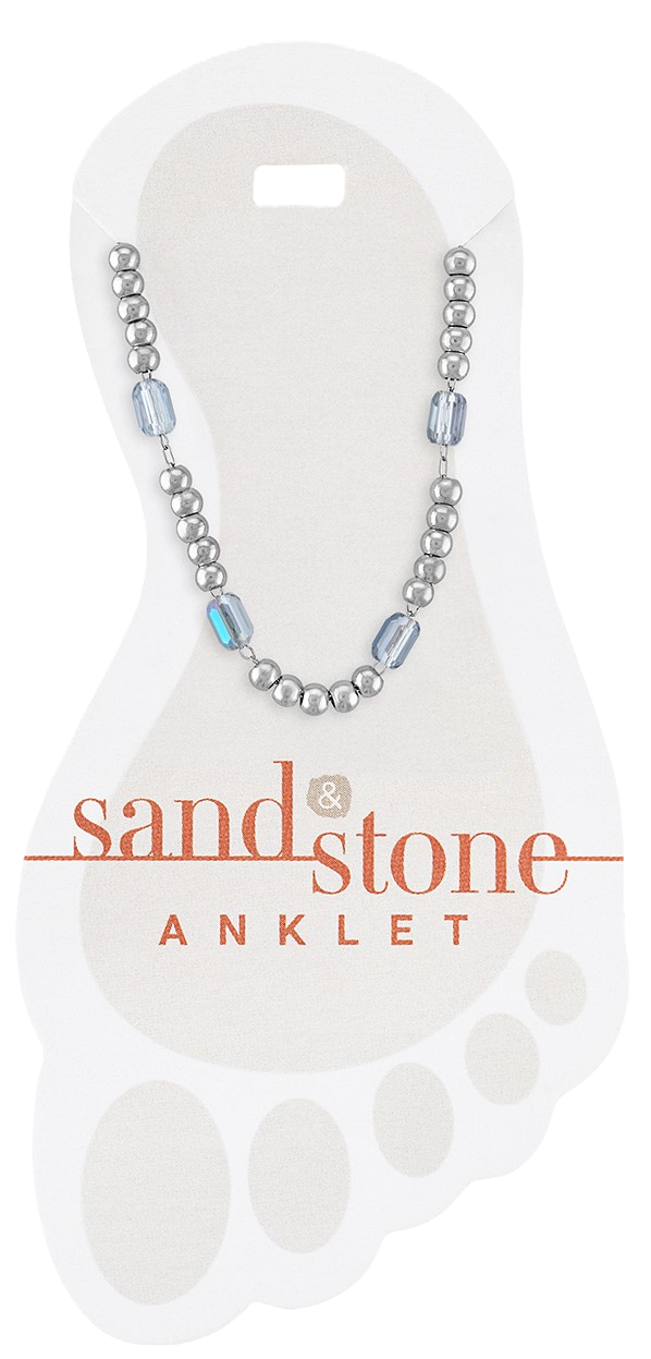 Silver petite ball anklet with blue facet stones on a sand-colored stone chain