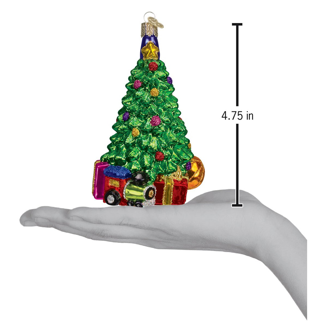 Christmas Morning Tree Ornament featuring a green tree with gifts and a train, 4.75 inches tall.