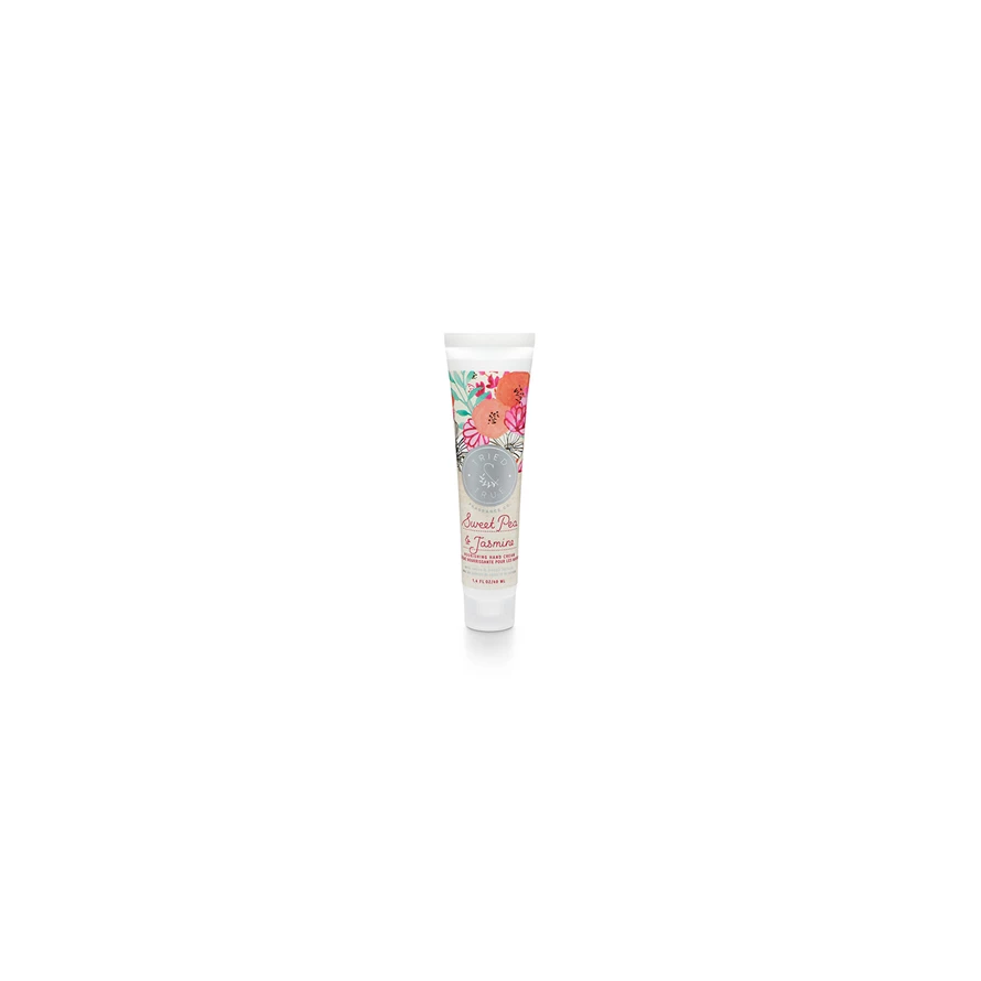 Tried & True Sweet Pea & Jasmine hand cream in a white tube with green floral label.
